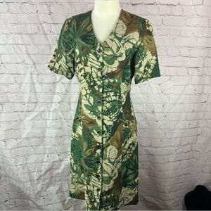 carrie hutton 100% linen button front Sheath Dress sz 10 tropical jungle print